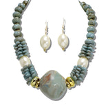 113841, MIXED MEDIA STACKED DISC AND PEARL STYLE BEAD NECKLACE