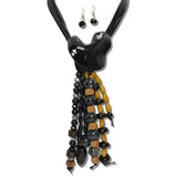 113842, MULTI STRAND CORD AND SCULPTURAL RESIN PEBBLE TASSEL LONG DROP NECKLACE