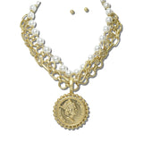 113862, MULTI STRAND COIN PENDANT AND PEARL BEADED STATEMENT NECKLACE