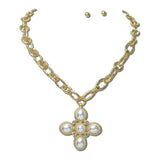 113865, WATER RESISTANT PEARL AND CRYSTAL CROSS PENDANT CHAIN NECKLACE