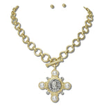 113866, WATER RESISTANT COIN CROSS AND PEARL MEDALLION FRONT TOGGLE CHAIN NECKLACE