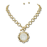113867, WATER RESISTANT PEARL EMBELLISHED MEDALLION PENDANT TOGGLE CHAIN NECKLACE