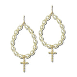 113878, CROSS CHARM PEARL EMBELLISHED OVAL HOOP DROP EARRINGS