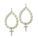 113878, CROSS CHARM PEARL EMBELLISHED OVAL HOOP DROP EARRINGS