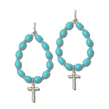 113879, TURQUOISE STONE BEADED TEARDROP HOOP WITH CROSS CHARM EARRINGS