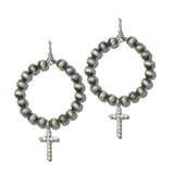 113880, BRUSHED BEADED CIRCULAR HOOP WITH CROSS CHARM EARRINGS