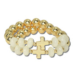 113903, CROSS STATION AND MARBLED RONDELLE BEAD STRETCH BRACELET SET