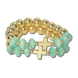 113903, CROSS STATION AND MARBLED RONDELLE BEAD STRETCH BRACELET SET