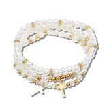 113906, DAINTY CROSS CHARM AND PEARL BEAD MULTI STRAND STRETCH BRACELET SET