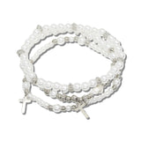 113906, DAINTY CROSS CHARM AND PEARL BEAD MULTI STRAND STRETCH BRACELET SET