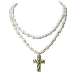 113917, LAYERED HAMMERED CROSS AND BAROQUE PEARL STRAND NECKLACE
