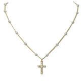 113922, DAINTY PAVE CRYSTAL CROSS PENDANT AND PEARL STATION NECKLACE