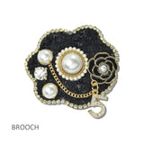 113927, WOVEN TWEED AND PEARL EMBELLISHED CAMELLIA BROOCH PIN