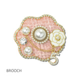 113927, WOVEN TWEED AND PEARL EMBELLISHED CAMELLIA BROOCH PIN