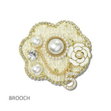 113927, WOVEN TWEED AND PEARL EMBELLISHED CAMELLIA BROOCH PIN