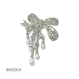 113930, PAVE CRYSTAL BOW & CASCADING PEARL DROP BROOCH PIN