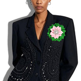 113973, SATIN RIBBON FLOWER & CRYSTAL STARBURST SORORITY BROOCH PIN