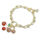 108085, 14K GOLD PLATED CHERRY CHARM CUBIC ZIRCONIA ACCENT DESIGNER INSPIRED BRACELET