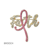 114685, FAITH SCRIPT WORD PINK RIBBON RHINESTONE BROOCH