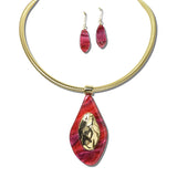 YNE5645RD_AJ 13 · Leopard Oval Pendant Necklace Set – Red