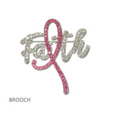 114685, FAITH SCRIPT WORD PINK RIBBON RHINESTONE BROOCH