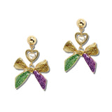 Mardi Gras Glitter Bow Pearl Heart Drop Earrings – Gold/Purple Green · GSE5233-PUYWGR_CRT 14