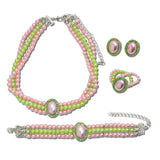 Four Piece Pearlescent Multi Strand And Crystal Halo Jewelry Set – Silver/Pink Green · SC-0265-3PG_RZ 14
