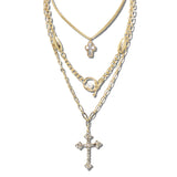 VN1434WG 14 · Triple Layer Cross Pendant Necklace – Worn Gold