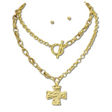 NK10211VG24K_TP 15 · Hammered Cross Toggle Necklace Set – 24K Gold Tone