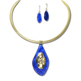 YNE5645BL_AJ 15 · Leopard Oval Pendant Necklace Set – Blue