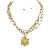 NK10224VG24K_TP 16 · 24K Gold Tone Engraved Pendant Layered Chain Necklace – 24K Gold Tone