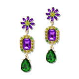 Mardi Gras Rhinestone Flower Teardrop Statement Earrings – Gold/Purple Green · GSE5209-PUYWGR_CRT 16