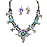 Western Steer Skull Blossom Statement Necklace Set – Silver Burnished/AB · AS7845-SBAB_MO 16
