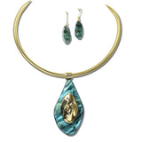 YNE5645TL_AJ 17 · Leopard Oval Pendant Necklace Set – Teal