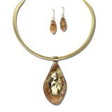 YNE5645BN_AJ 18 · Leopard Oval Pendant Necklace Set – Brown