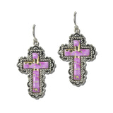 AE9394-SBPK_MO 18 · Western Marbled Stone Cross Drop Earrings – Silver Burnished/Pink