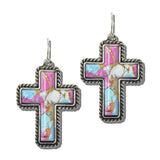 AE9059-SBCC 19 · Western Turquoise Cross Drop Earrings – Silver Burnished/Cotton Candy