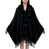 Faux Fur Collar Pom Fringe Poncho – Black · GP-0409-BK_RZ 1