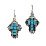 Western Square Stone Cross Drop Earrings – Silver Burnished/Turquoise · AE9412-SBTQ_MO 21