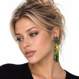114878, MARDI GRAS POM BEADED FRINGE TASSEL EARRINGS