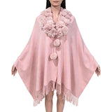 114175, FAUX FUR COLLAR POM FRINGE PONCHO