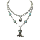 AN5637-SBTQ_MO 37 · Western Boot Stone Layered Necklace – Silver Burnished/Turquoise