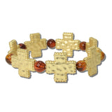 MFB00016 MGBRN 3 · Hammered Cross Accent Beaded Stretch Bracelet – Mat Gold/Brown
