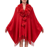 Faux Fur Collar Pom Fringe Poncho – Red · GP-0409-RD_RZ 3