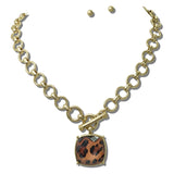 Water Resistant Faceted Cushion Pendant Toggle Chain Necklace – Worn Gold/Leopard · NK10124LEO 3