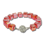 BL242502R 3 · Cube Bead Pave Crystal Focal Stretch Bracelet – Silver/Red