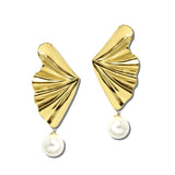 Stainless Steel Fluted Fan Pearl Drop Earrings – Gold · SSE368G_IVY 3