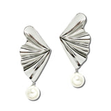 Stainless Steel Fluted Fan Pearl Drop Earrings – Silver · SSE368R_IVY 4
