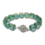 BL242502EM 4 · Cube Bead Pave Crystal Focal Stretch Bracelet – Silver/Emerald