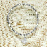 83119, PAVE BUTTERFLY CHARM BEADED STRETCH BRACELET *STAINLESS STEEL